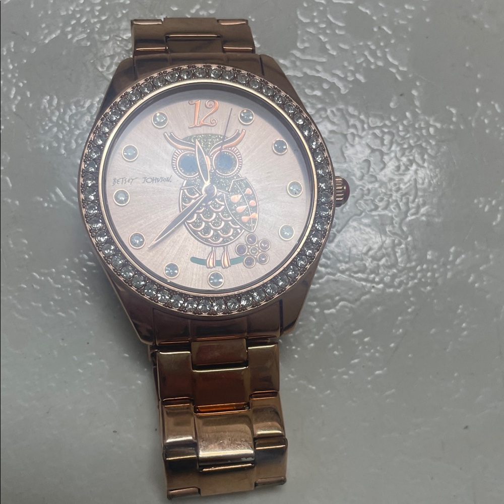 Betsey Johnson Rose Gold Crystal Owl Bracelet Watch